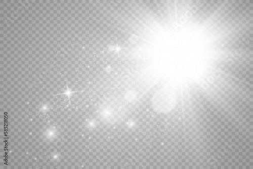 Special lens flash  light effect. The flash flashes rays and searchlight. illust.White glowing light. Beautiful star Light from the rays. The sun is backlit. Bright beautiful star. Sunlight. Glare. 