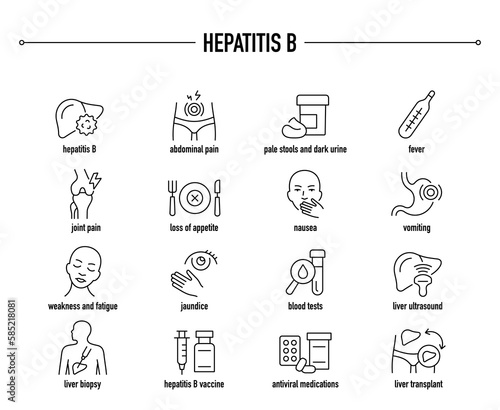 Hepatitis B symptoms, diagnostic and treatment vector icon set. Line editable medical icons.
