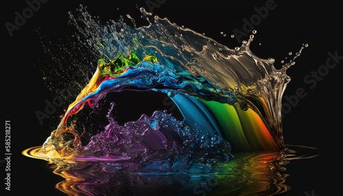 water splash Rainbow liquid paint wave on the Black .Generative AI.
