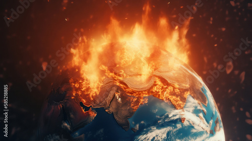 Planet Earth in fire. Global warming concept. Illustration AI Generative