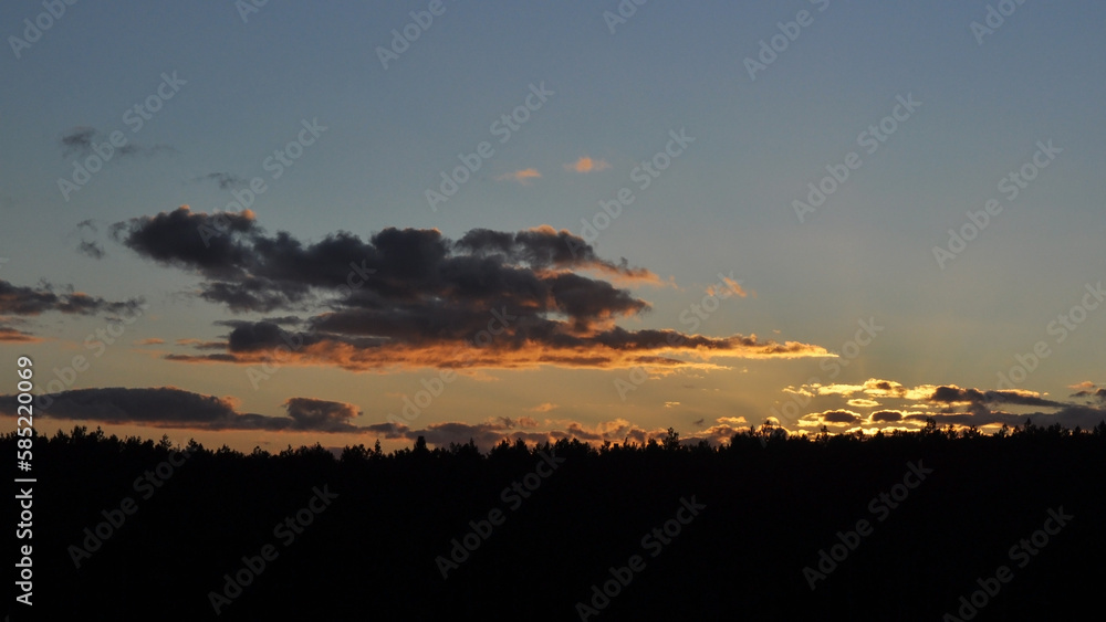 Natural sunset over the forest. Bright dramatic sky and dark earth. The sun above the horizon, horizon.
