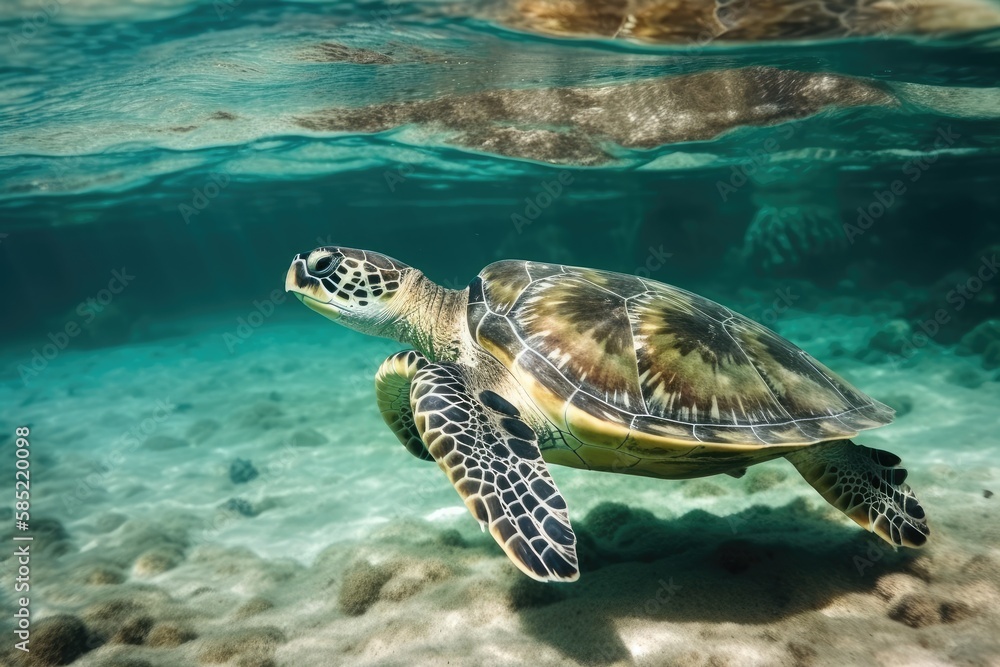 Green sea turtle gracefully swimming in clear blue ocean waters. Generative AI