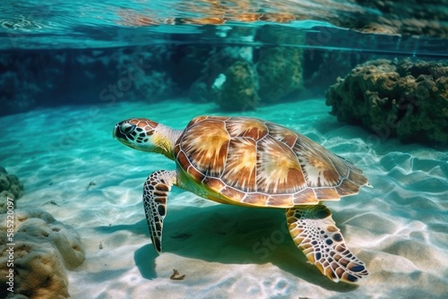 Green sea turtle gracefully swimming in clear blue ocean waters. Generative AI