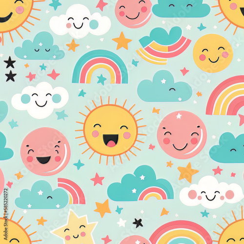Cute and happy fantasy background pattern. Generative AI