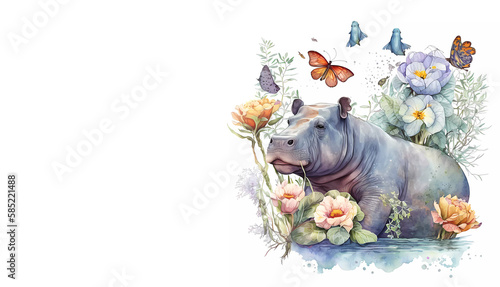 Hippo in flowers. Butterflies. Watercola. Banner. White background. generated by AI