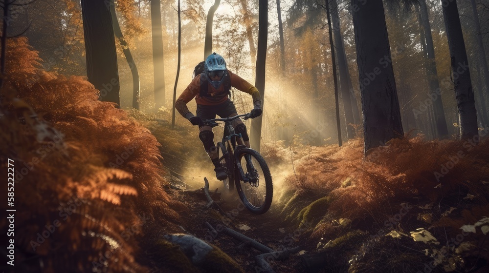 Mountainbiker rides in autumn forest. Created with generative AI.