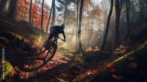 Mountainbiker rides in autumn forest. Created with generative AI.