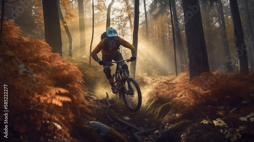 Mountainbiker rides in autumn forest. Created with generative AI. © lchumpitaz