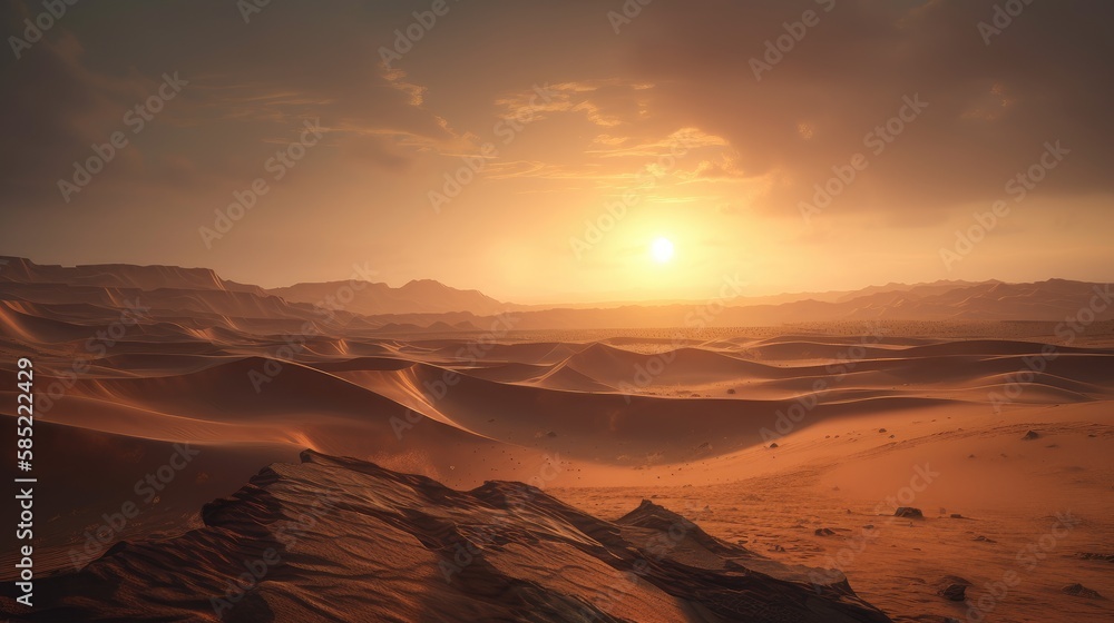 Sunrise in sahara desert. Created with Generative AI.