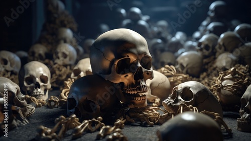 Awesome pile of skull human and bone. Created with Generative AI.