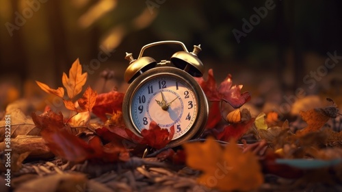 Alarm clock in colorful autumn leaves. Created with generative AI.