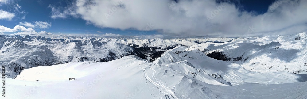 Panorama Sentisch Horn. Mountain peaks above Davos Klosters in the Graubunden Switzerland. Ski tour to the summit. mountaineering. High quality photo