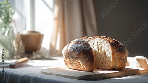 Freshly Baked Bread in the Golden Morning Light. Generative AI.