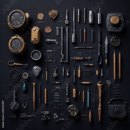 A conceptual set of objects on a dark background. Generative AI