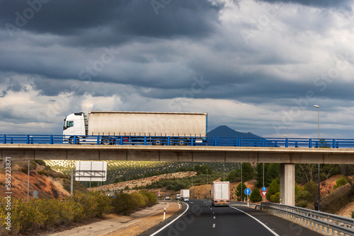 Truck driving on a bridge over a highway, where several trucks and cars circulate, with a sky that threatens rain.