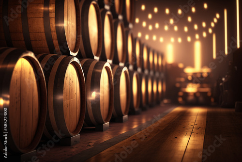 Warm and Cozy  Wine Cellar with Barrels in Soft Lighting