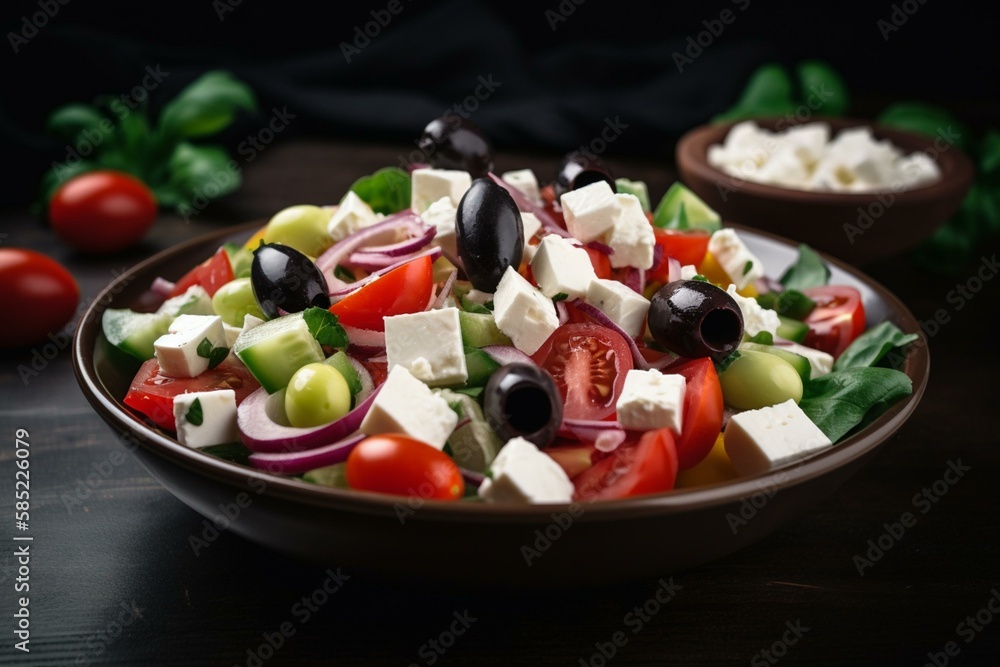 Proper Nutrition: A Greek salad with feta cheese, olives, and tomatoes. Generative AI Proper Nutrition: A Greek salad with feta cheese, olives, and tomatoes. Generative AI