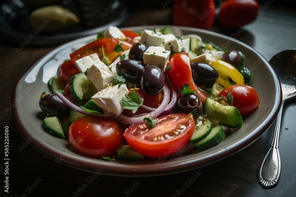 Proper Nutrition: A Greek salad with feta cheese, olives, and tomatoes. Generative AI Proper Nutrition: A Greek salad with feta cheese, olives, and tomatoes. Generative AI