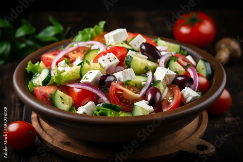 Proper Nutrition: A Greek salad with feta cheese, olives, and tomatoes. Generative AI photo