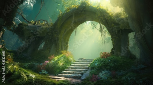 arch in an enchanted fairy forest landscape. Created with Generative AI. © lchumpitaz