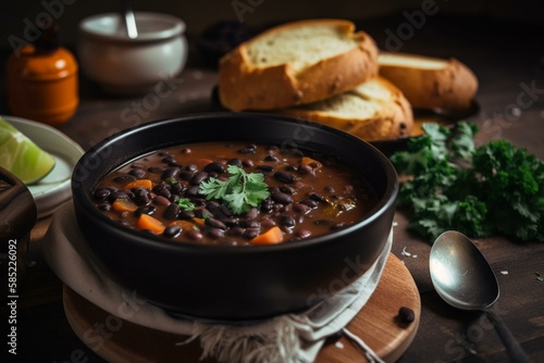 Proper Nutrition: A bowl of black bean soup with a side of baked sweet potato. Generative AI