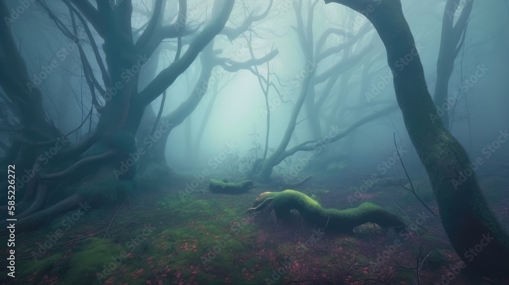 Obraz premium A Terrifying Surrealist Forest Seen From a Dramatic Angle. Created with generative AI. 