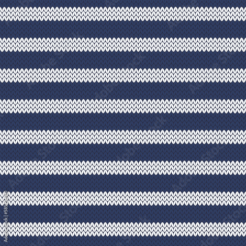 Nautical strips knitted seamless pattern for sweater or socks design. White and blue background. Vector illustration.