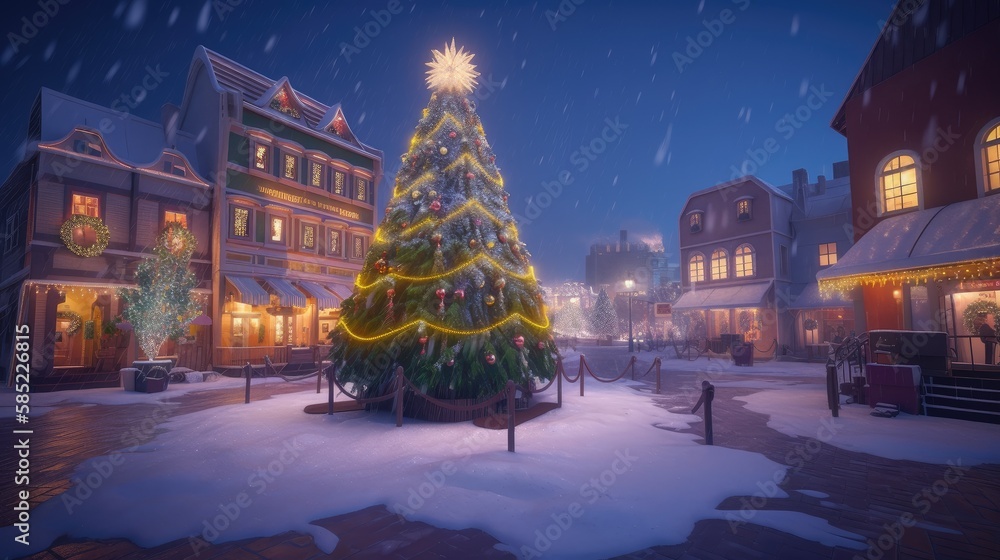 Christmas tree in the center of the fantasy square of the night city. Created with Generative AI.
