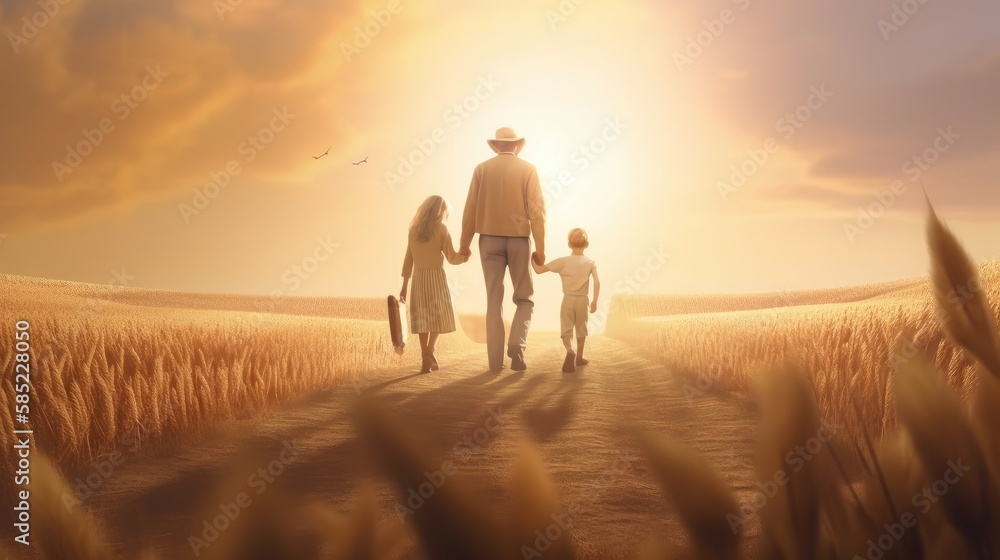 Happy family on nature in summer at sunset. Created with Generative AI.