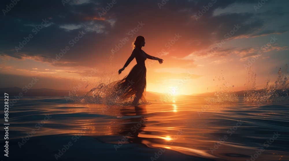 woman dancing on the seashore at sunset. Created with Generative AI.