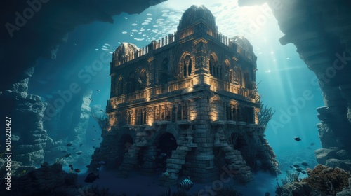 old ruin castle under the sea. Created with Generative AI.