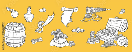 Pirate set with treasure chest, map, skull, rum burrel, sack with coins and other pirate belongings. Sketch vector illustration isolated on yellow background