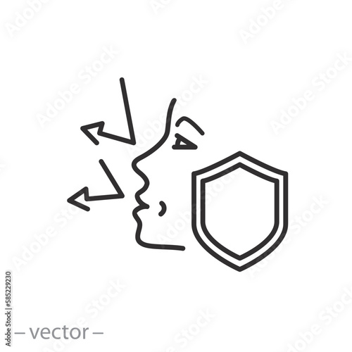 skin protection icon, face with shield, thin line symbol on white background - editable stroke vector illustration eps10