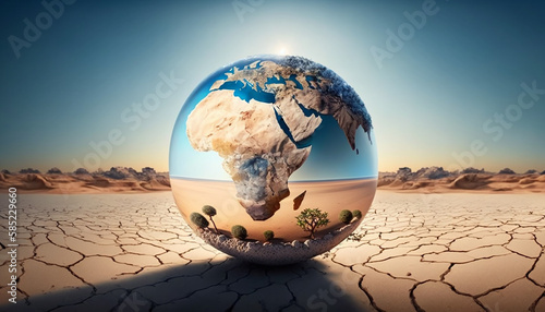 Transparent globe glasses on dry brown soil ground with blurred sky for Earth day  a sustainable concept  Generative AI