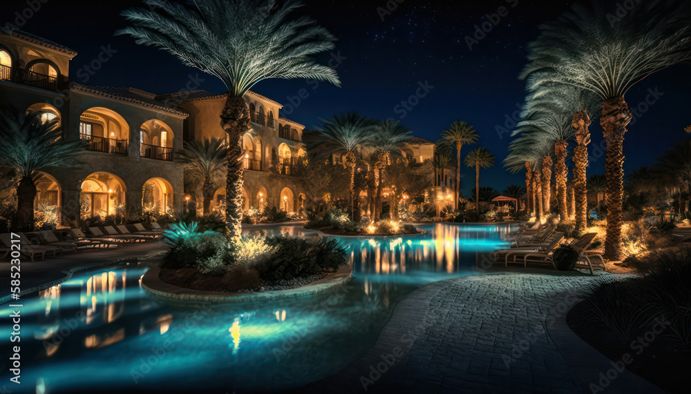 beautifully illuminated swimming pool between the palm trees in the hotel.concept of travel. generative AI