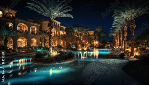 beautifully illuminated swimming pool between the palm trees in the hotel.concept of travel. generative AI © Margo_Alexa