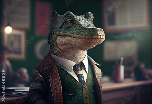 Portrait of an anthropomorphic crocodile dressed as a schoolboy in a classroom. Generate Ai.