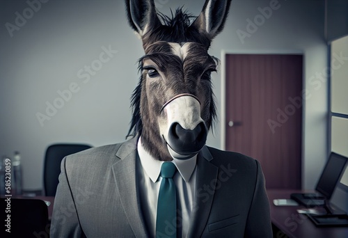 Portrait of an anthropomorphic donkey in a suit of a businessman as office worker in the modern office. Generate Ai.