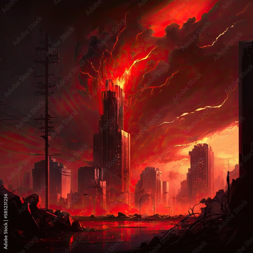 Red thunder cityscape the burning city digital art style. Generate Ai.
