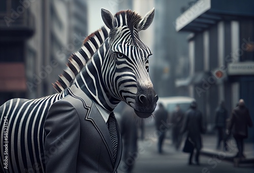 Portrait of an anthropomorphic zebra businessman roaming the city streets. Generate Ai.