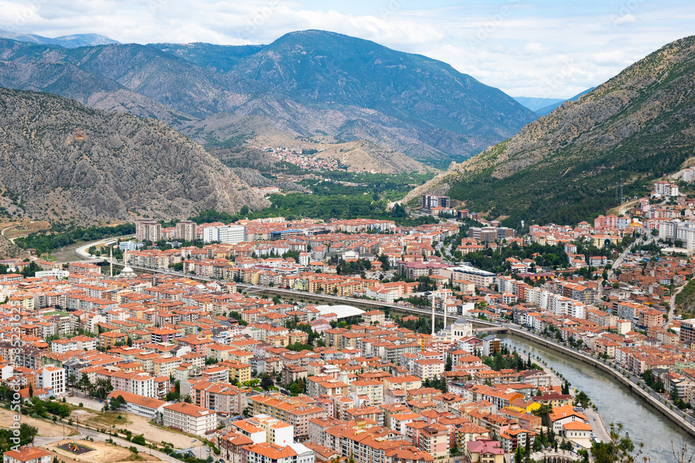Top view of Amasya city, Turkey. Landspace of the city of Amasya province