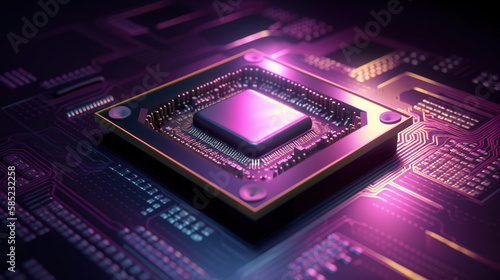 Computer processor on a circuit board with microchips. Artificial concept graphic vector style purple lights neon Circuit board. Technology background. - Generative AI