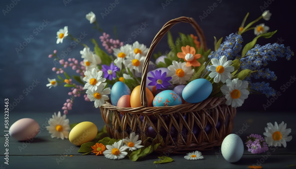 easter eggs in wooden basket and decorate with flower for a easter day, Generative AI easter eggs in wooden basket and decorate with flower for a easter day, Generative AI