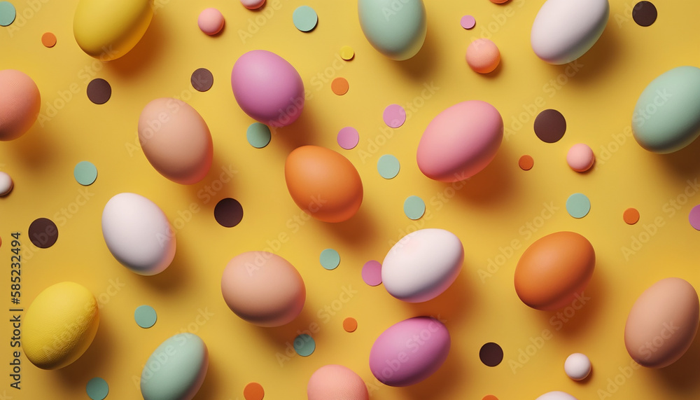 colorful easter eggs on pastel background  on a easter day, generative AI