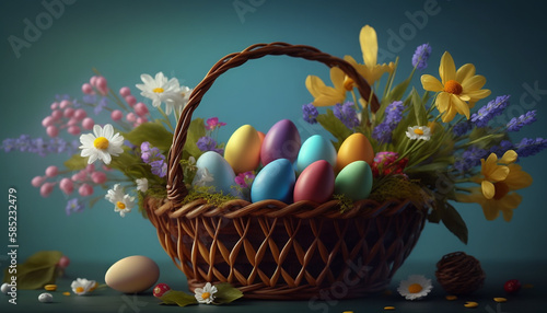 easter eggs in wooden basket and decorate with flower for a easter day, Generative AI