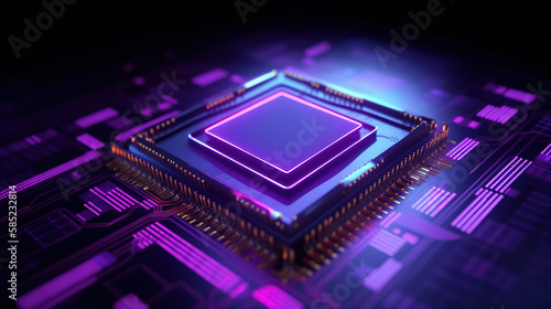 Computer processor on a circuit board with microchips.  Artificial concept graphic vector style purple lights neon Circuit board. Technology background. - Generative AI