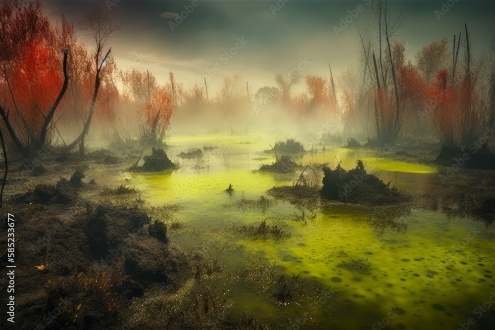 Toxic Twilight: Surreal Swamp Landscape with Poisonous Gas Sprays ...