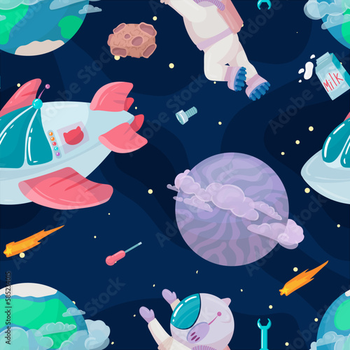 Cosmonaut in outer space. UFOs, spaceships, rockets. Solar system, intergalactic travel. Galaxies, planets, asteroids, comets, shooting stars. Vector illustration in cartoon style