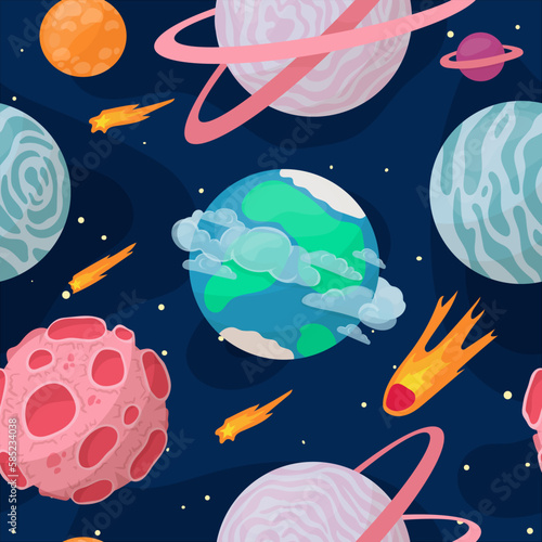 UFOs, spaceships, rockets. Solar system, intergalactic travel. Galaxies, planets, asteroids, comets, shooting stars. Vector illustration in cartoon style on a white background.