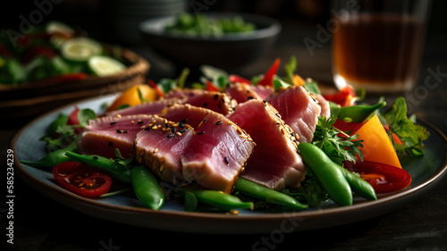 Tantalizing Tuna Slices with Fresh Veggies and Green Beans Salad